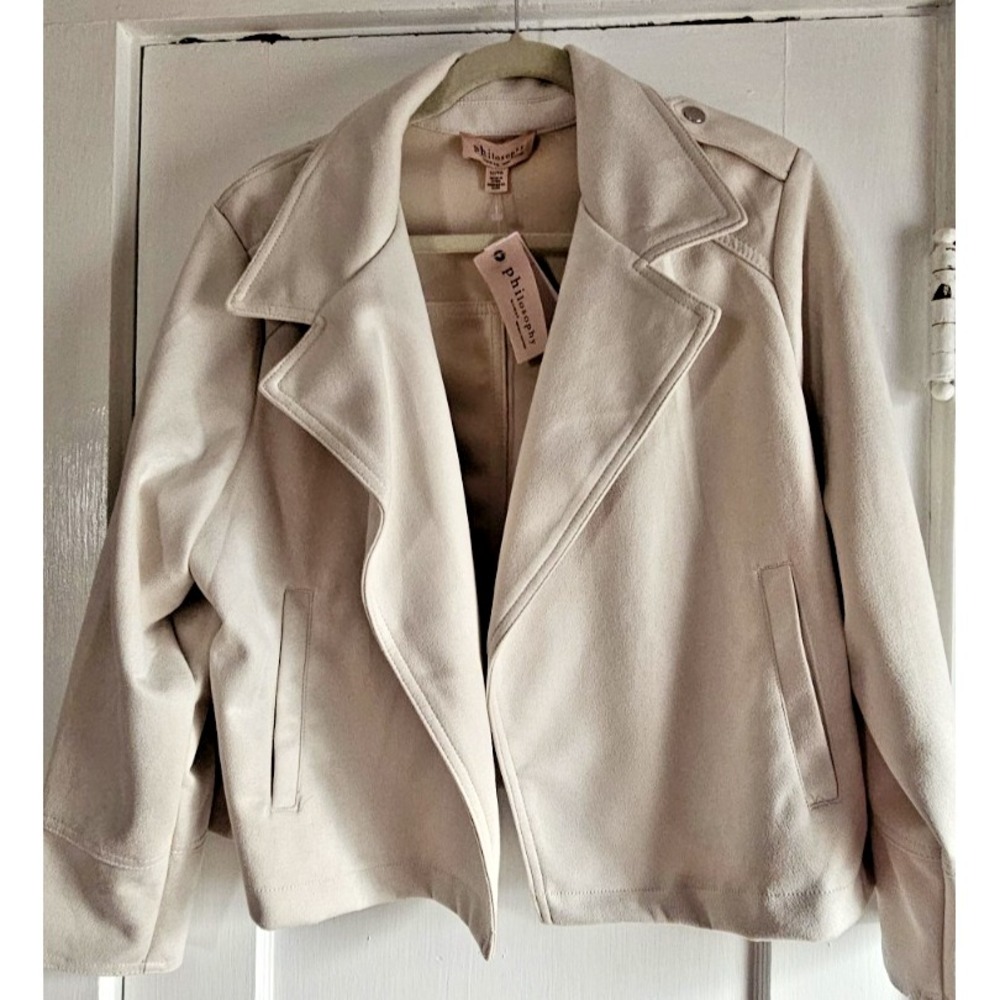 NWT Philosophy woman Sz 1X cream faux leather suede open front moto jacket